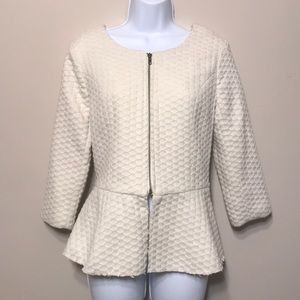 Bustle butt Waffle texture zip up beige white peplum blazer jacket nwot